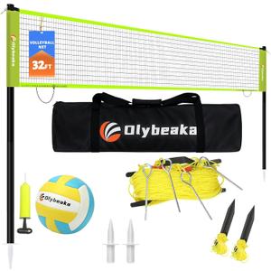 32ft Regulation Size Portable Outdoor Volleyball Net Set System for Backyard Beach with Height Adjustable Poles, PU Volleyball and Pump, Carry Bag, Boundary Line - Easy Set Up & Anti-Sagging