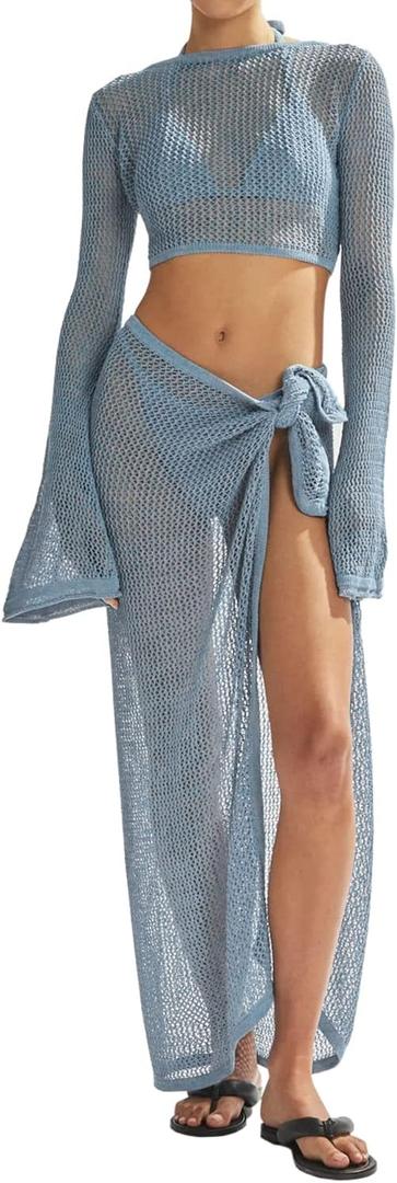 Women's Swimsuits Cover Ups Set for Crochet Bathing Suit Hollow Out 2 Piece Bikini Coverup Beach Swimwear (Blue, Small)