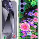 Coolwee for Samsung Galaxy S24 Plus Case with Screen Protector (6.6 FT Military Drop Protection) Women Girls Slim Hard Back Soft TPU Bumper for Samsung S24 Plus Case Green Tropical Purple Pink Floral (Blossoms with palm leaves)