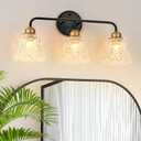 YUNICE 3 Light Bathroom Vanity Light Fixtures Brushed Black and Gold Wall Sconce with White Glass Shade E26 Base Vintage Mirror Lights for Bathroom, Bedroom Antique Brass Wall Lamp, 3 light Glass flower Shade