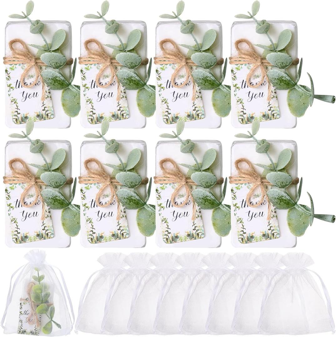 Demissle 60 Sets Mini Soap Baby Shower Wedding Favors Small Scented Bars Bridal Shower Gifts for Guests White Hand Soaps with Mini Faux Eucalyptus Greenery Gift Cards Organza Bags for Birthday Party