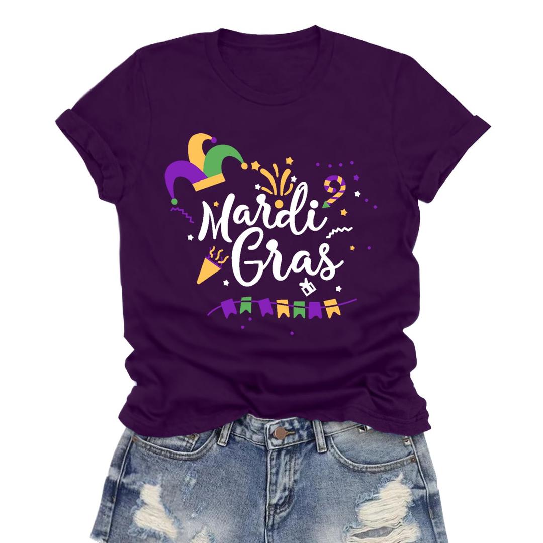 LuxLass Mardi Gras Shirt for Women Happy Mardi Gras Day T-Shirt Womens Fat Tuesday Party Tee Tops Purple ,medium