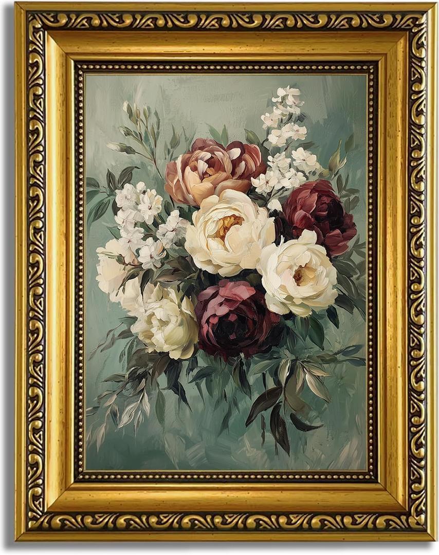 YD&YZY Gold Framed Vintage Wall Art Canvas Still Life Sage Green Flower Farmhouse Print Moody Floral Wall Decor Rustic Cottagecor Painting Picture Print for Dining Room Bedroom 8x10 inch Small Framed
