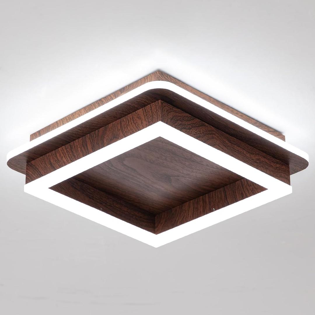 CANEOE Square Modern LED Light Fixture, 32W Flush Mount Hallway Light, 6000K Small Close to Ceiling Lamp for Living Room, Bedroom, Kitchen, Balcony, Cloakroom (Wood, 1 Pack)