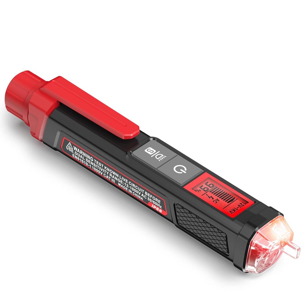 KAIWEETS Voltage Tester/Non-Contact Voltage Tester with Signal Percentage, Dual Range AC 12V/70V-1000V, Live/Null Wire Tester, Electrical Tester with LCD Display, Buzzer Alarm, Wire Breakpoint Finder (HT100s, Red)