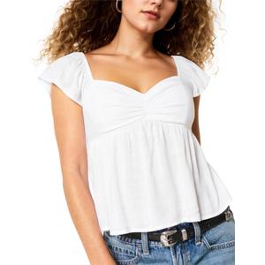 Womens Flowy Peplum Tank Tops Ruffle Sleeve Babydoll Tank Top Sweetheart Neck Smocked Back Short Sleeve Going Out Top (Small, White)