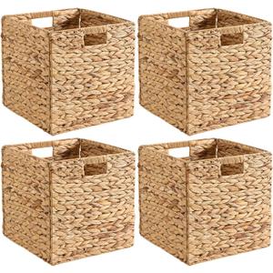 Handwoven Water Hyacinth Storage Baskets set of 4 Foldable Cube Bins Storage Oragnizer for Cabinet Shelf Bedroom Living Room (Natural, 13" L x 13" W x 13" H)