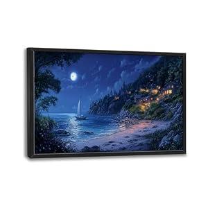 Large Coastal Wall Art, Oversized Blue Ocean Moon Night Pictures Wall Decor, Seashore Sailboat Canvas Prints Painting, Extra Framed Artwork for Living Room Bedroom Office Bathroom Corridor 36"x 24"