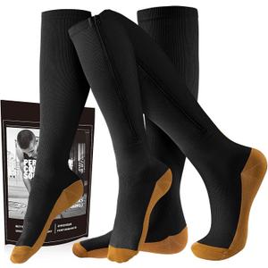 cerpite Zipper Compression Socks, 2 Pairs 15-20 mmHg Closed Toe Compression Stockings for Men Women (Large-X-Large, Black Copper)