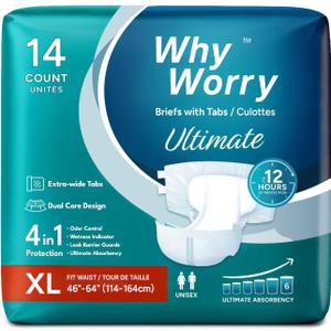 WhyWorry Ultimate Adult Diapers for Men and Women, Disposable Adult Briefs with Tabs for Incontinence, Unisex Incontinence Briefs with Tabs, Ultimate Absorbency, Odor Control, XLarge, 14 Count