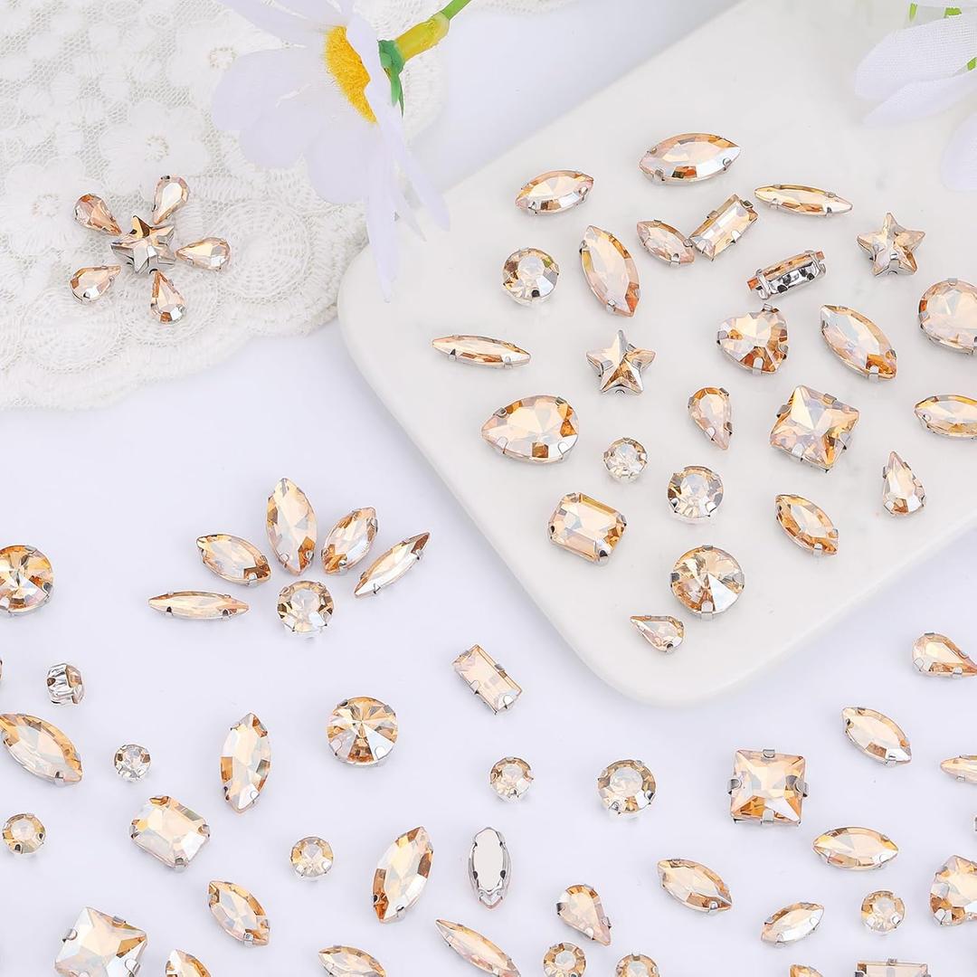 Sew on Rhinestones 205 PCS Glass Mixed Shapes Sew on Crystal Gems Flatback with Silver Claw for Jewelry Crafts Clothes Shoes Costume (Champagne Rhinestones)