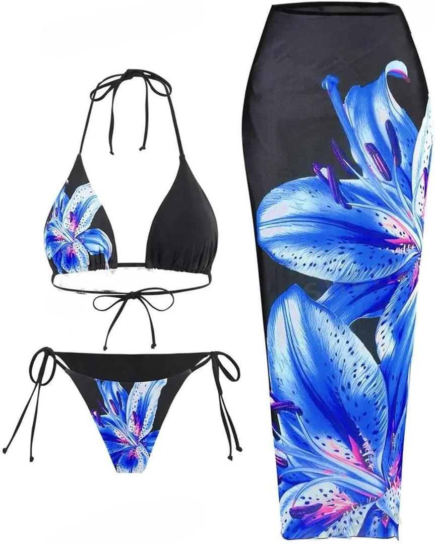 ZAFUL Womens 3pcs Swimsuit Floral Halter Triangle Bikini Top Tie Side Bottom with Long Sheer Cover Up Skirt (Small, 0-blue)