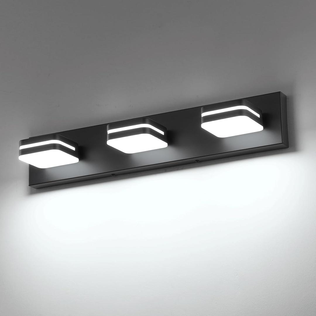 LED Modern Bathroom Vanity Light Fixtures (3-Light, 24-Inch Dimmable), Matte Black Bathroom Wall Lighting Fixtures Over Mirror with Steel Square Shade(Cool White 5500K), ETL Certificated