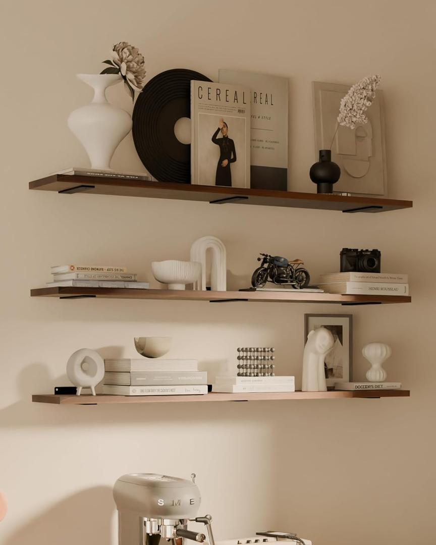 Rustic Wood Floating Shelves Set of 3, 36Inches Wood Rustic Farmhouse Wall Shelves, Easy-to-Install Hanging Shelves for Living Room, Kitchen, and Bathroom, 100bs Capacity. (Walnut, 3T36IN)