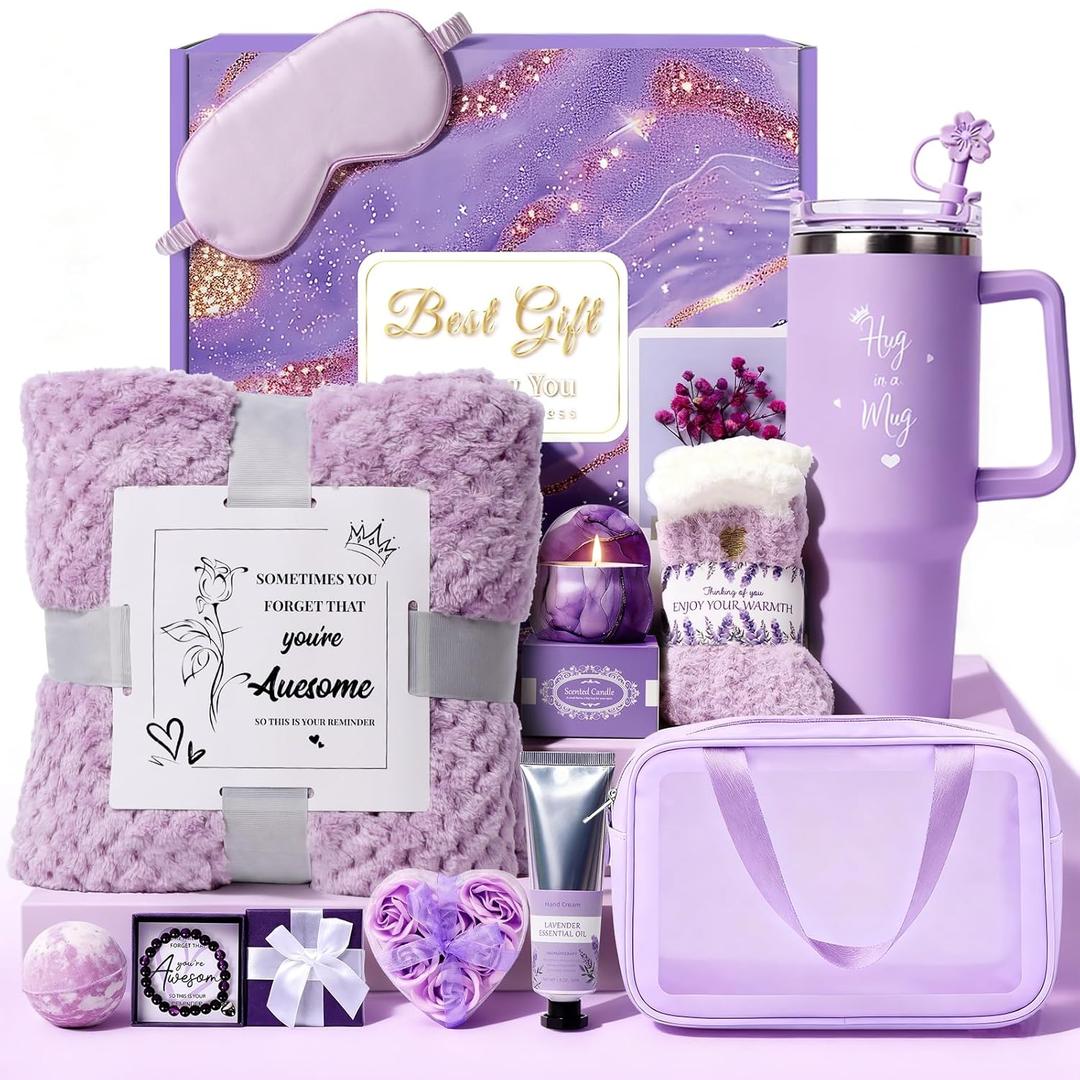 Birthday Gift for Women, Luxury Self Care Spa Gift Basket with Blanket for Mom, Wife, Sister, Friend, Girlfriend, Grandmother, Get Well Soon & Christmas gift for Her (Lavender)