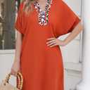 Wenrine Women Summer Shirt Dress Short Batwing Sleeve V Neck Leopard Loose Beach Cover Up Shift Tunic Short Mini Dresses