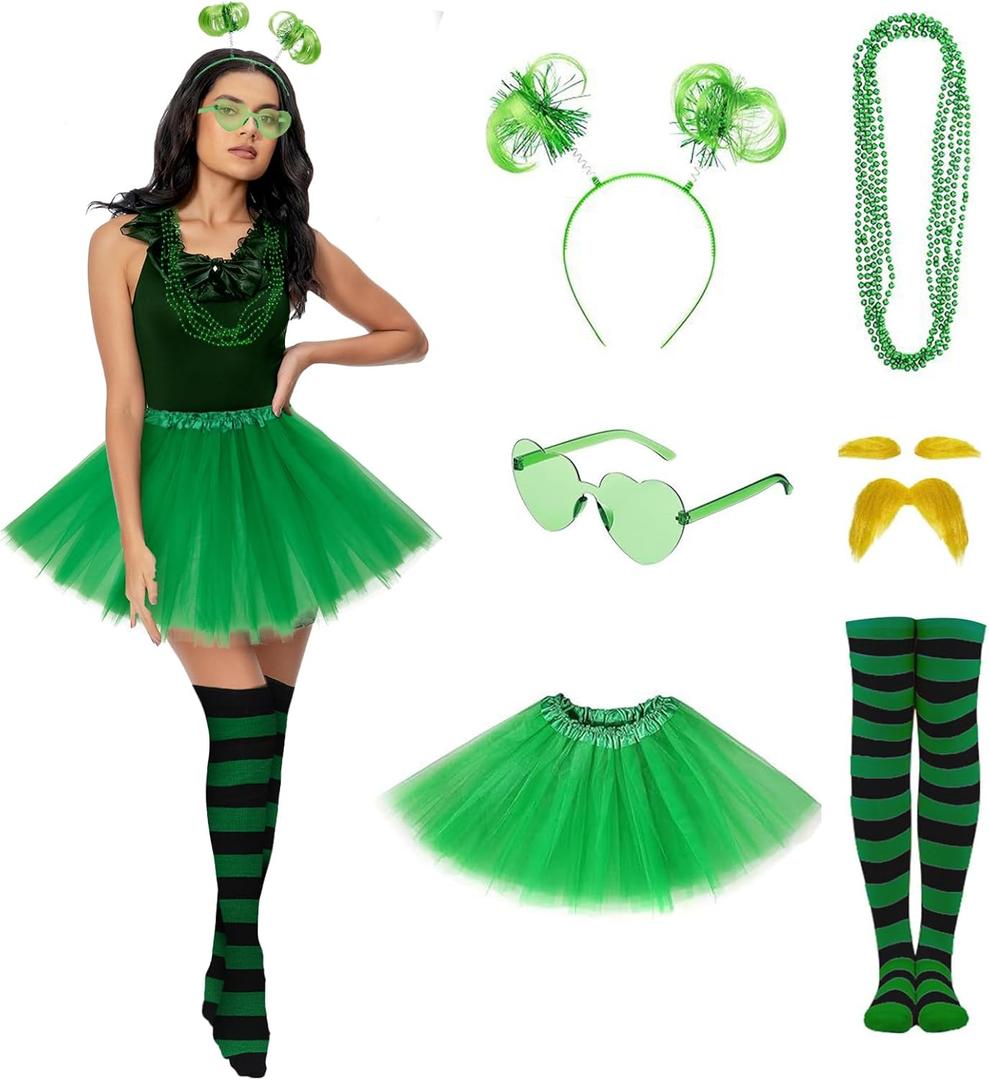 7Pcs 80s Retro Leprechaun Costume Accessories St. Patrick's Day Outfit Women Dress Pom Pom Headband Glasses Socks Adult (Green)