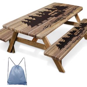 Picnic Table Cover with Bench Covers Elastic Edges, Wooden Camper Fitted Table Cover, Outdoor Patio Camping Essentials 60 Inch 3PCS, Waterproof Camping Fitted Tablecloth with Drawstring Bag