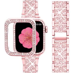 SUPOIX Compatible with Apple Watch Band 45mm + Case, Women Jewelry Bling Diamond Metal Bands & 2 Pack Protective Cover Cases for iWatch Series 9/8/7(Rose Pink)