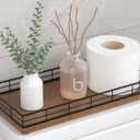 Toilet Paper Basket Organizer Oak Wood Toilet Tank Tray with Metal Frame, Bathroom Counter Top Storage for Toilet Paper, Wipes & Decor, Modern Narrow Back of Tank Shelf Organizer, Black & Brown