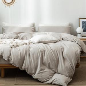MooMee Bedding Duvet Cover Set 100% Washed Cotton Linen Like Textured Breathable Durable Soft Comfy (Heathered Cream Grey, Cal King 104"x98")