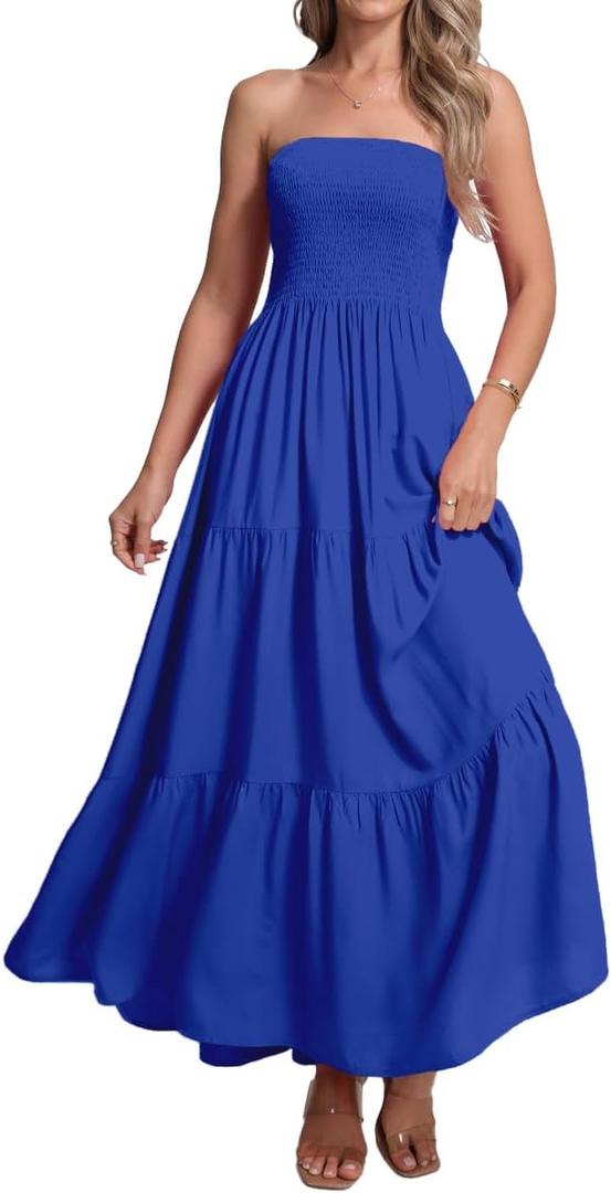 Women's Casual Off Shoulder Maxi Dress Strapless Tube Top Bohemian Beach Long Dresses 092, S