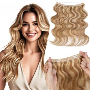 Halo Hair Extensions Wavy Curly, 100% Real Human Hair,No Tangle & Smooth,Invisible Wire Extensions for Women,60g, 14 Inch,#Wavy Golden Brown Mixed Bleach Blonde