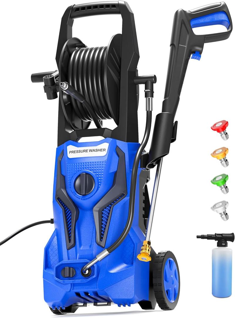 Electric Pressure Washer - 3800PSImax 2.6GPM ZHUOLIN Power Washer for Cars Washing with 25FT Pressure Hose Reel 4 Interchangeable Nozzle & Foam Cannon, Blue