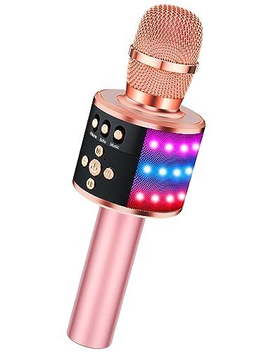 BONAOK Karaoke Microphone for Kids & Adults - Bluetooth Microphones Singing Mic with Disco Lights, Echo Effect, Built-in Speaker Portable Karaoke Player for Party Travel Gifts Q78(Rose Gold)