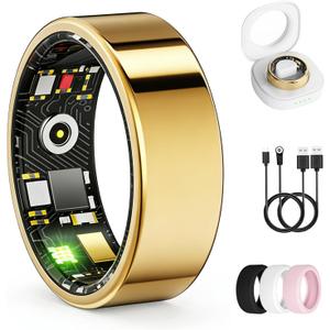 Smart Ring for Women & Men, Health Tracker Ring with Heart Rate, Blood Oxygen,Blood Pressure, IP68 Waterproof Fitness Ring, Sleep Tracker for iPhone and Android, No APP Fee (Gold, 7#)