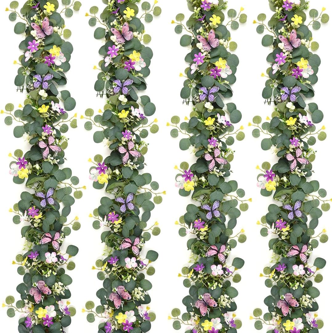 Waipfaru 4Pcs Eucalyptus Garland with Daisy 3D Butterfly, Green Garland with Flowers, 5.9FT Artificial Faux Eucalyptus Leaves Vines for Table Mantle Home Wedding Party Indoor Outdoor Decor