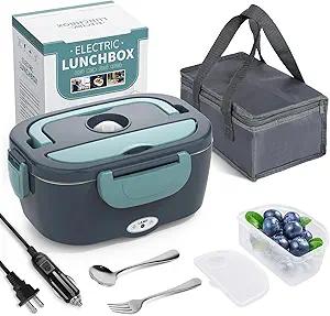 Herrfilk Electric Lunch Box Food Heater, 3 in 1 Ultra Quick Heated Lunch Boxes for Adults, 12V/24V/110V Portable Food Warmer for Car/Truck/Office With Fork Spoon and Insulated Carry Bag