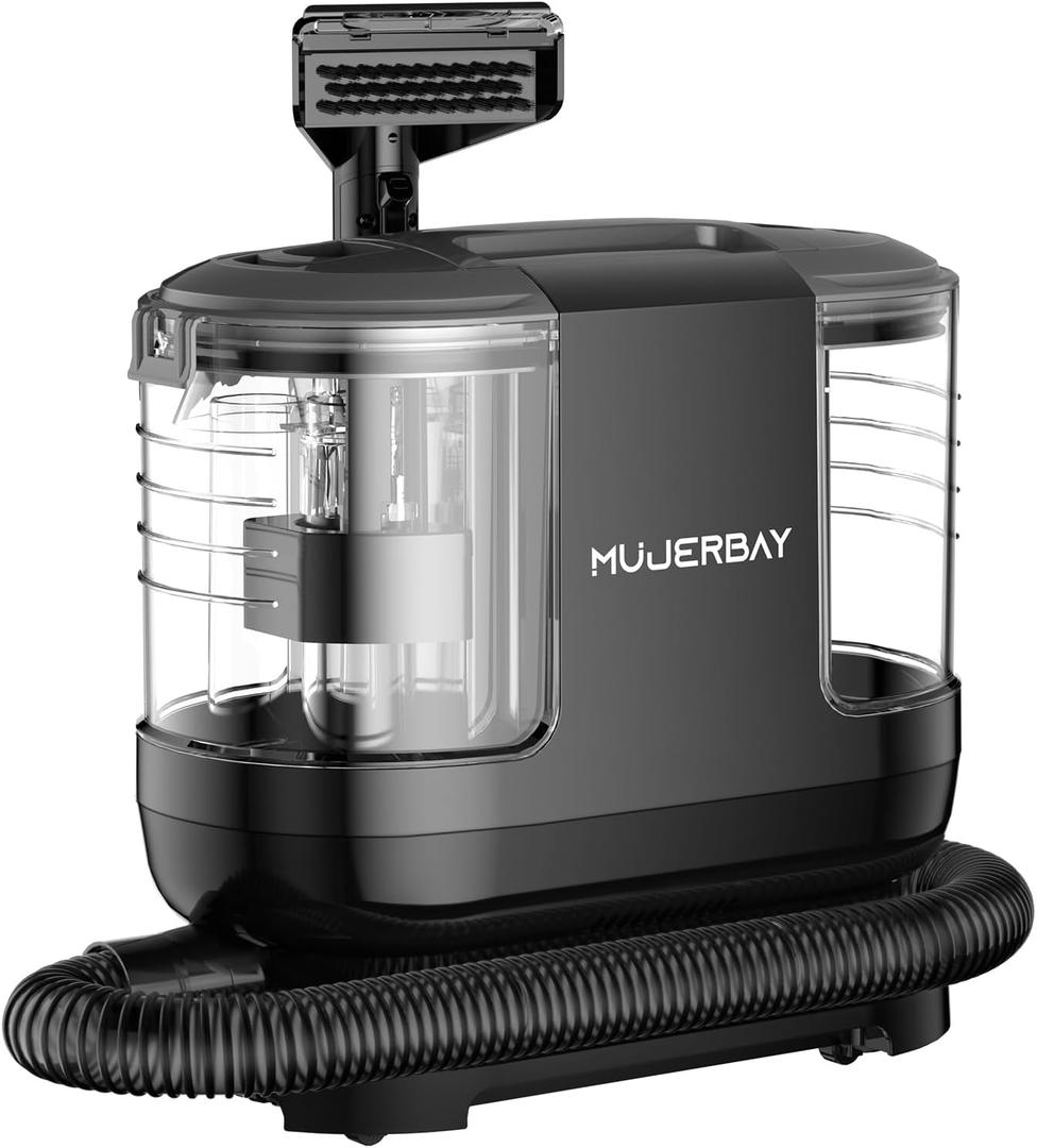 Upholstery Carpet Cleaner Machine, MUJERBAY 11Kpa Portable Spot and Stain Cleaner, Easy Move with Universal Wheels & Handle, 1.18-inch Deep Cleaning Machine for Couch, Stairs, Car and Pet Messes. (Black)