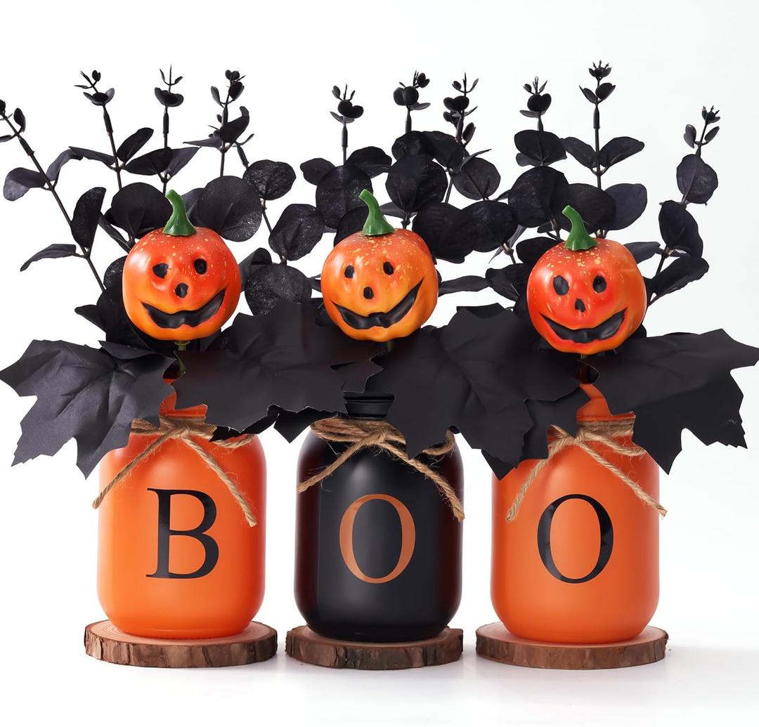 Halloween Table Decorations, Centerpieces for Tables with Boo Mason Jars, Black Fake Flowers, Pumpkin, Wood Coaster, Halloween Table Centerpiece Decor, Tabletop Home Bathroom Decor