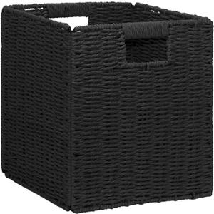 10.5x10.5in Storage Basket, 1 Pack Black Paper Rope Woven Baskets,Foldable Handwoven Storage Cubes,Wicker Cube Baskets Laundry Organizer Totes for Bathroom, Bedroom, Laundry, Pantry, Shelves