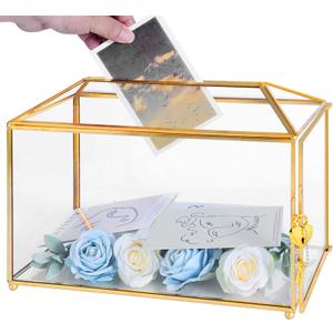 Glass Wedding Card Box with Lock, 12.6x5.9x9 inches Large Gold Card Boxes for Wedding Reception, Keepsake Display, Graduation, Party Centerpiece Decorative Box