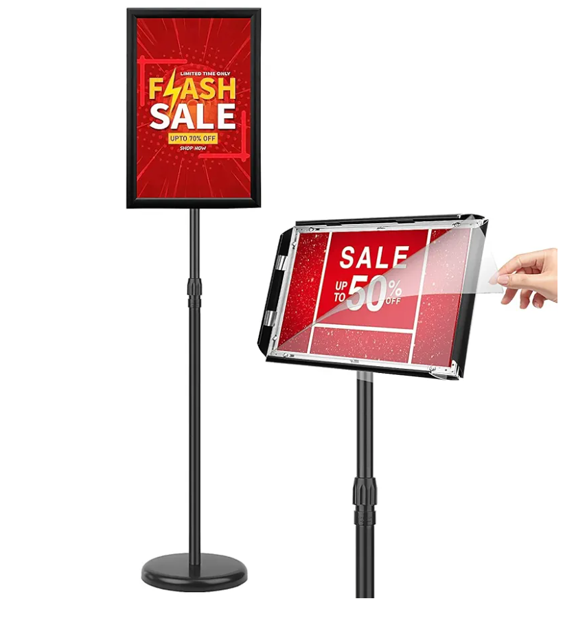 Ludery Adjustable Sign Holder Stand 11x17 inch,Pedestal Floor Signage Standing Holder with Heavy Duty Base, Aluminum Snap Open Frame Display for Business Restaurant, Mall,Schools-1 Pack