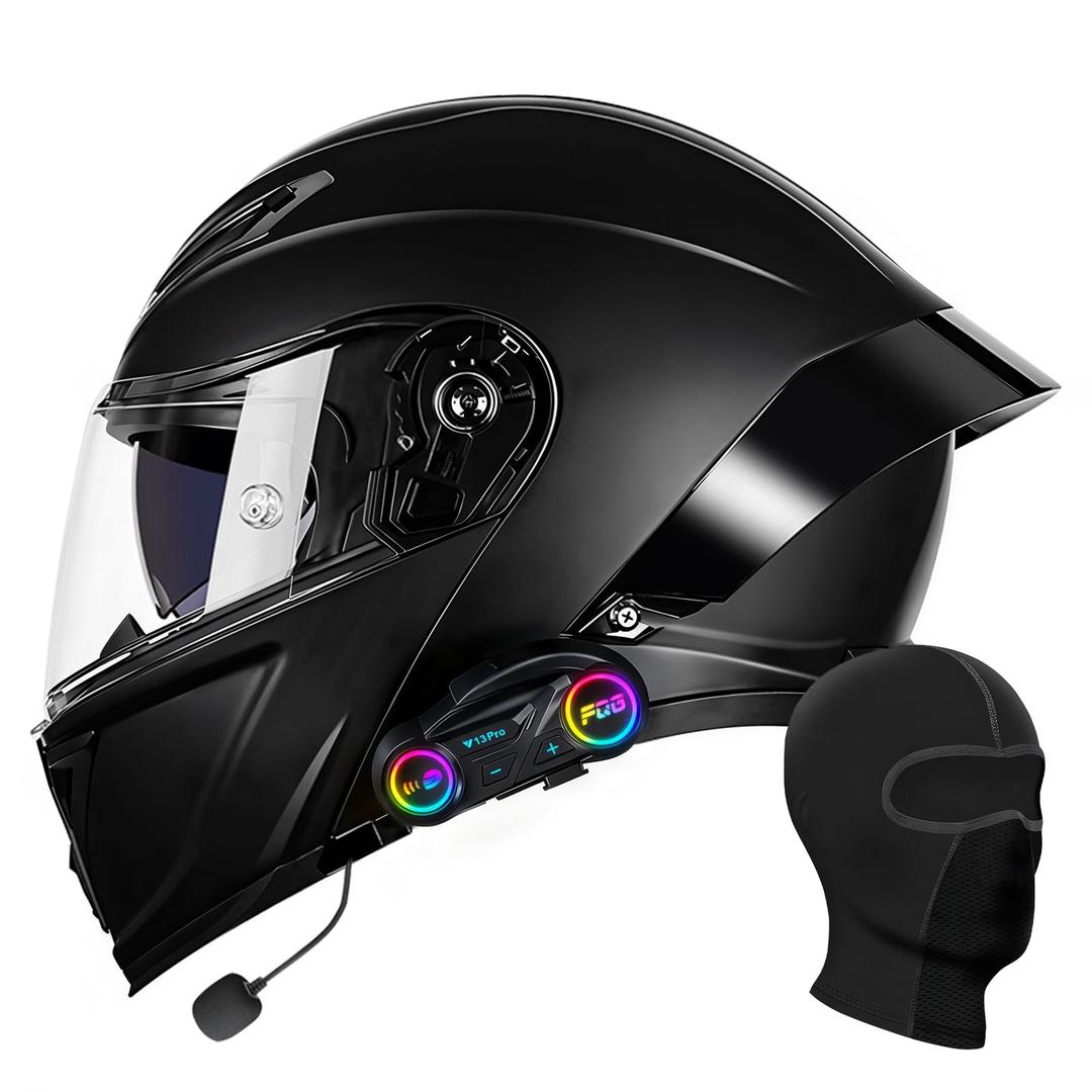 Pvxruioz Modular Bluetooth Motorcycle Helmet, DOT Approved (Black, XXL)