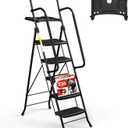 HBTower Step Ladder, Folding Step Stool with Wide Anti-Slip Pedal, Sturdy Steel Ladder, Convenient Handrail, Lightweight, Portable Steel Step Stool (Black)