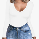 CLOZOZ Tops for Women Sexy Womens V Neck T Shirts Fitted Shirts Tight Basic Tee Long Sleeve-White XS