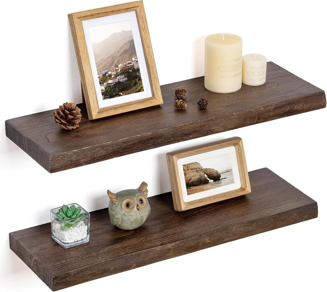 Floating Shelves for Wall Decor, Rustic Solid Elm Wood Live Edge Floating Shelves Wall Mounted, Wall Shelves with Invisible Bracket for Living Room Bathroom Bedroom Kitchen, 24 Inch Set of 2, Walnut, Live Edge, 24inch, 2Packs