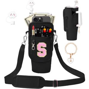 Initial A-Z Carrier Bag for Stanley Cup 40 oz, Stanley Cup Holder with Strap for Stanley 40 oz Tumbler with Handle, Stanley Cup Accessories with Stanley Cup Straw Cover - Spill Stopper - Letter Charm