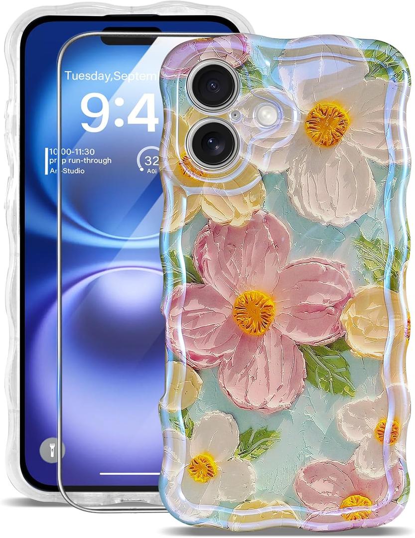 for iPhone 16 Plus Case [with 9H Screen Protectors] Wave Bumper Colorful Oil Painting Flowers Print Blue Glossy Soft TPU Phone Case Cover for Girls Women,Green Daisy