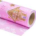 WRAPAHOLIC Reversible Gingerbread Christmas Wrapping Paper - Mini Roll - 17 Inch x 33 Feet - Pink Gingerbread House and Snowflake with Embossed for Christmas, Holiday, Party Celebration