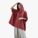 Women's Linen Hooded T-Shirt top with Casual Button Down Cape Style 3/4 Sleeve top Size XL