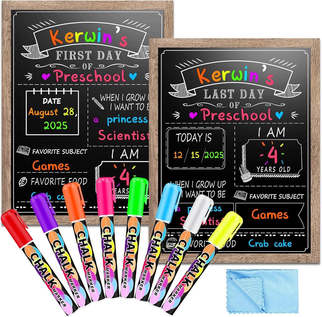 EAONE 12 x 16 in First Day of School Board Sign for All Grades Student, Wood Frame Back to School Chalkboard Sign for Kids 1st and Last Day, Double-Side, with 8 Dry Erase Markers & 1 Wipe Cloth (Grey)