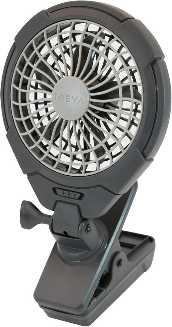 Treva 5 Inch Two Speed Battery & USB Powered Clip On Fan - Slim and Portable Cooling Travel Fan with USB - Gray