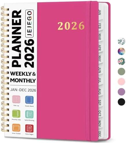 2026 Planner, Weekly and Monthly Calendar Planner Book, January 2026 - December 2026, Hardcover Spiral Planner with Monthly Tabs, Notes Pages, Perfect for Women & Men, A5 (6.4" x 8.5") - Hot Pink