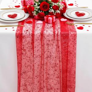 Newwiee 3 Pcs 120 Inch Red Gold Gauze Table Runner Thick Glitter Metallic Foil Sheer Chiffon Tulle Party Table Decor Centerpiece for Dining Wedding Anniversary Holiday Party