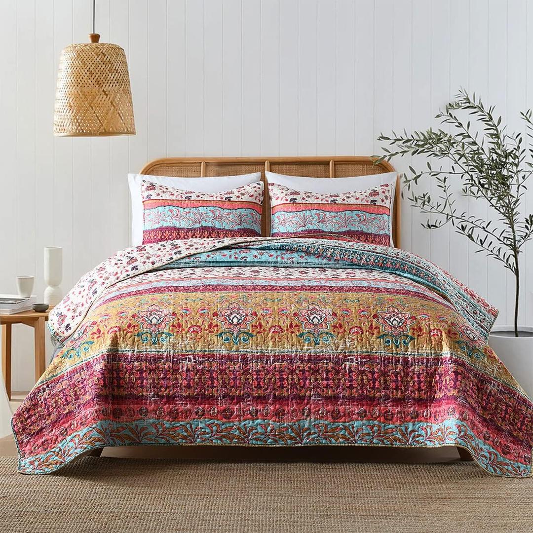 Boho Style Queen Quilt Set Reversible Bohemian Floral Strip Quilt Bedding Set, Soft and Lightweight Bedspread for All Season, Full Size Bed Coverlet with 2 Matching Pillow Shams (3 Pieces)